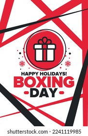 Boxing Day. Day after Christmas Day, when gifts are given! This holiday is associated with shopping and sporting events. Celebrated annually in the Great Britain on December 26th. Vector illustration