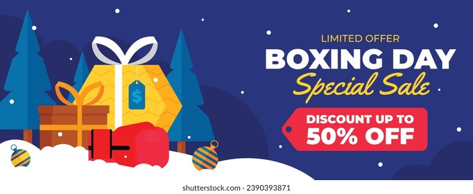 Boxing Day background. Boxing Day Sale. Boxing Day promotion design. December 26. Cartoon Vector illustration Template for Poster, Banner, Flyer, Card, post. Lowest price, Promo, Best deal.