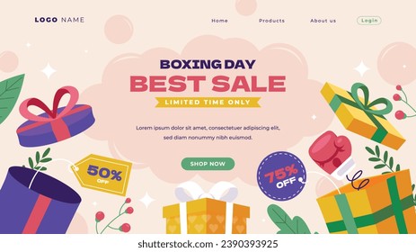 BoxDay-Hintergrund. Boxtag Verkauf. Boxtag Werbedesign. 26. Dezember. Cartoon Vektorgrafik Vorlage für Poster, Banner, Flyer, Karte, Post. Niedrigster Preis, Promo, Bestes Angebot.