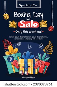 BoxDay-Hintergrund. Boxtag Verkauf. Boxtag Werbedesign. 26. Dezember. Cartoon Vektorgrafik Vorlage für Poster, Banner, Flyer, Karte, Post. Niedrigster Preis, Promo, Bestes Angebot.