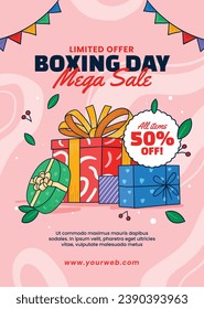 BoxDay-Hintergrund. Boxtag Verkauf. Boxtag Werbedesign. 26. Dezember. Cartoon Vektorgrafik Vorlage für Poster, Banner, Flyer, Karte, Post. Niedrigster Preis, Promo, Bestes Angebot.