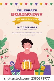 Boxing Day background. Boxing Day Sale. Boxing Day promotion design. December 26. Cartoon Vector illustration Template for Poster, Banner, Flyer, Card, post. Lowest price, Promo, Best deal.