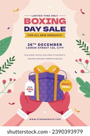 Boxing Day background. Boxing Day Sale. Boxing Day promotion design. December 26. Cartoon Vector illustration Template for Poster, Banner, Flyer, Card, post. Lowest price, Promo, Best deal.