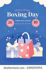 Boxing Day background. Boxing Day Sale. Boxing Day promotion design. December 26. Cartoon Vector illustration Template for Poster, Banner, Flyer, Card, post. Lowest price, Promo, Best deal.