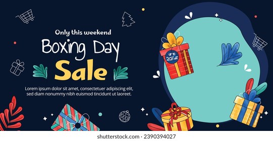 Boxing Day background. Boxing Day Sale. Boxing Day promotion design. December 26. Cartoon Vector illustration Template for Poster, Banner, Flyer, Card, post. Lowest price, Promo, Best deal.