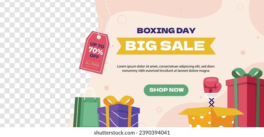 BoxDay-Hintergrund. Boxtag Verkauf. Boxtag Werbedesign. 26. Dezember. Cartoon Vektorgrafik Vorlage für Poster, Banner, Flyer, Karte, Post. Niedrigster Preis, Promo, Bestes Angebot.