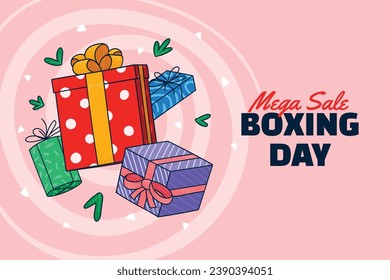 BoxDay-Hintergrund. Boxtag Verkauf. Boxtag Werbedesign. 26. Dezember. Cartoon Vektorgrafik Vorlage für Poster, Banner, Flyer, Karte, Post. Niedrigster Preis, Promo, Bestes Angebot.