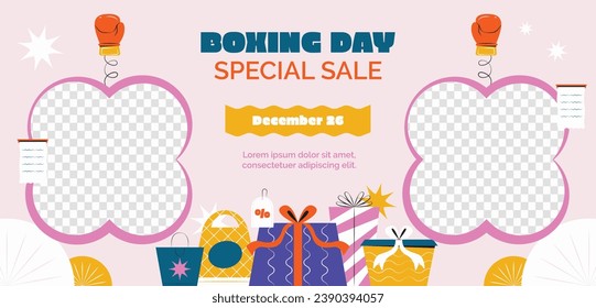 Boxing Day background. Boxing Day Sale. Boxing Day promotion design. December 26. Cartoon Vector illustration Template for Poster, Banner, Flyer, Card, post. Lowest price, Promo, Best deal.