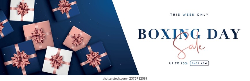 Boxing Day Banner Design. Sale banner and top view gift boxes on dark blue background. Template for web header, social media etc.