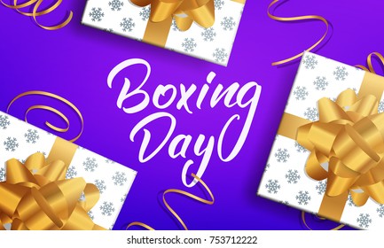 Boxing Day. Banner with Boxing Day lettering text, glossy gift packages and realistic gold confetti