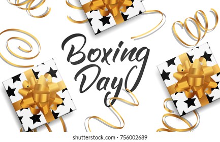 Happy Boxing Day Messages, Wishes, Quotes, And Images 13 Boxing Day. Banner with Boxing Day lettering text, glossy gift packages and realistic gold confetti.