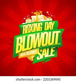 Boxing day blowout sale, mega discounts, vector banner template with green ridbbon and golden lettering and gift boxes