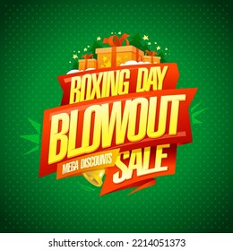 Boxing day blowout sale, mega discounts, vector flyer template with red ribbon and gift boxes