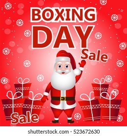 Boxing day. Bright colorful vector illustration - Santa Claus and gifts over red background 