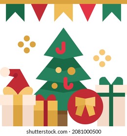 Boxing day celebration flat icon vector illustration decorated with Christmas tree and gift boxes