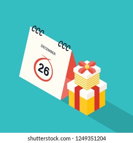 Boxing day concept with gift box flat design style. Design element template can be used for greeting card, postcard, backdrop, brochure, leaflet, flyer; publication, advertisement, vector illustration