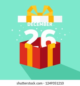 Boxing day concept with gift box flat design style. Design element template can be used for greeting card, postcard, backdrop, brochure, leaflet, flyer; publication, advertisement, vector illustration