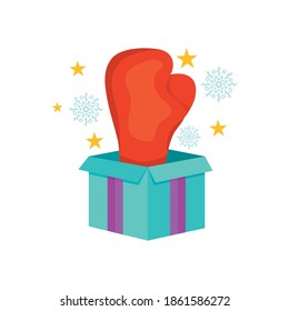 boxing day concept, gift box with boxing glove icon with stars and snowflakes around over white background, colorful design, vector illustration