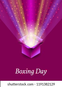Boxing Day. Concept of the holiday in the UK and the British Commonwealth. 26 December. Gifts. Open gift box from which pulled rays and stars
