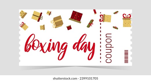 Boxing Day coupon color template layout vector. Boxes are falling from above. Gift Boxes.