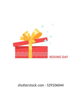 Boxing day design with open red gift box christmas present on white background. Vector illustration for banner poster and flyer. Boxing day greeting card