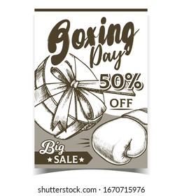 Boxing Day Gift Box Advertising Banner Vector. Gift Box In Round Shape With Ribbon And Present Box Glove. Elegant Container Template Hand Drawn In Vintage Style Monochrome Illustration