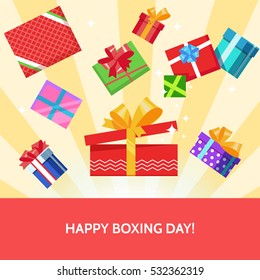 Happy Boxing Day Messages, Wishes, Quotes, And Images 54 Boxing day greeting card lots of color gift box present surprise bow on textured background. Vector illustration flat color style