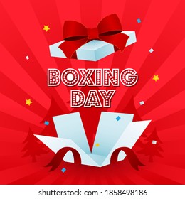 Boxing day greeting card vector illustration. Surprise gift box on red background