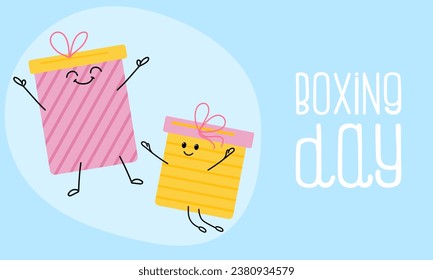 Boxing Day. Holiday banner, background, flyer on blue background with fun gifts