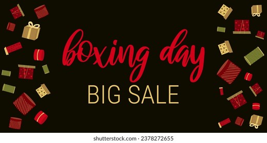 Boxing Day. Horizontal banner. Color Holiday Boxes. Boxes on a dark background. Big discount. Design greeting cards. Party, Christmas, birthday. Vector illustration.