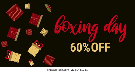 Boxing Day. Horizontal banner. Color Holiday Boxes. Dark background discount from 60 percent. Design greeting cards. Party, Christmas, birthday. Vector illustration.