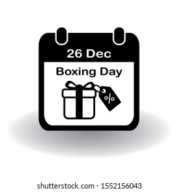 Boxing Day icon. Simple flat calendar page of december 26, Boxing Day with present box with discount tag. Eps 10 vector.