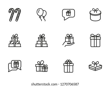 Boxing day line icon set. Set of line icons on white background. Christmas concept.  Candy cane, gift box, balloons. Vector illustration can be used for topics like new year, festivals, Christmas