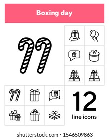 Boxing day line icon set. Set of line icons on white background. Christmas concept. Candy cane, gift box, balloons. Vector illustration can be used for topics like new year, festivals, Christmas