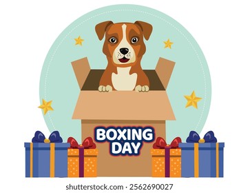 Boxing Day Poster Design with Cartoon Dog Inside Carton Box and Presents on White Background.