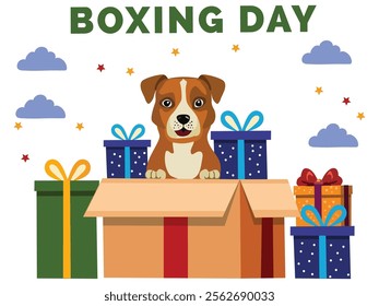 Boxing Day Poster Design with Gift Boxes and Cartoon Dog Character on White Cloudy Background.