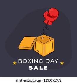 Boxing Day poster or flyer design with surprise gift box and boxing glove on blue background. 