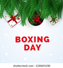 Boxing Day poster or template design with pine leaves and gift boxes on white snowfall background.