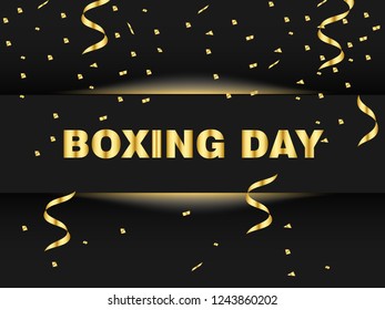 Boxing Day Sale Background for banner, flyer, brochure and posters in web and prints. Vector illustration golden horizon line with golden confetti in black background
