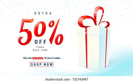Boxing day sale background. Gift box on light backdrop. Extra 50 percent off final sell-out item. Holiday design concept. Vector illustration