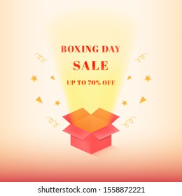 Boxing day sale banner concept. The red gift box with shining light.