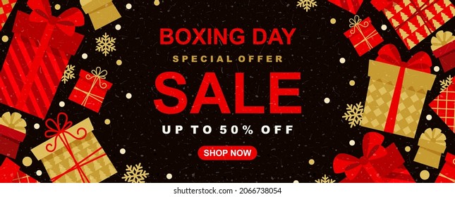Boxing day sale banner template, falling gift boxes and snowflakes. Festive horizontal background. Xmas vector design 