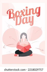 Boxing day sale banner template with girl holding a gift box. Light from present box. Woman unpacking a box. Unpacking purchases