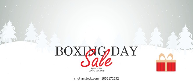 Boxing Day Sale Banner Vector Illustration, With Winter Season Background With Trees, Gift Box And Snowfall Scene.