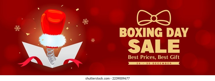 Boxing day sale banner vector illustration. Boxing glove with surprise box on red bokeh background