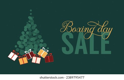 Boxing day Sale Banner vector illustration. Surprise present boxes under Christmas tree on green background