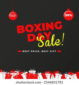 Boxing day Sale Banner vector illustration. with Christmas Ornaments Hanging on black background