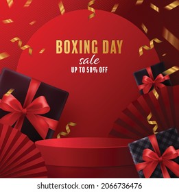 Boxtagsverkauf oder Black Friday Shopping Konzept Design von Rot, Gold, Schwarz, Boxhandschuhe halten für glückliche Zeit mit dekorativen Elementen geschnitten Stil auf Farbhintergrund. 
