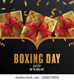 Boxing day sale or black friday shopping concept design of red, gold, black, boxing gloves holding for happy time with decorative elements cut style on color Background. 
