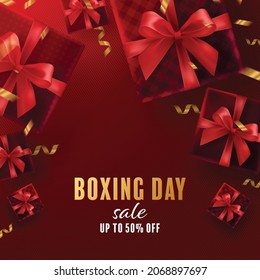 Boxing day sale or black friday shopping concept design of red, gold, black, boxing gloves holding for happy time with decorative elements cut style on color Background. 
